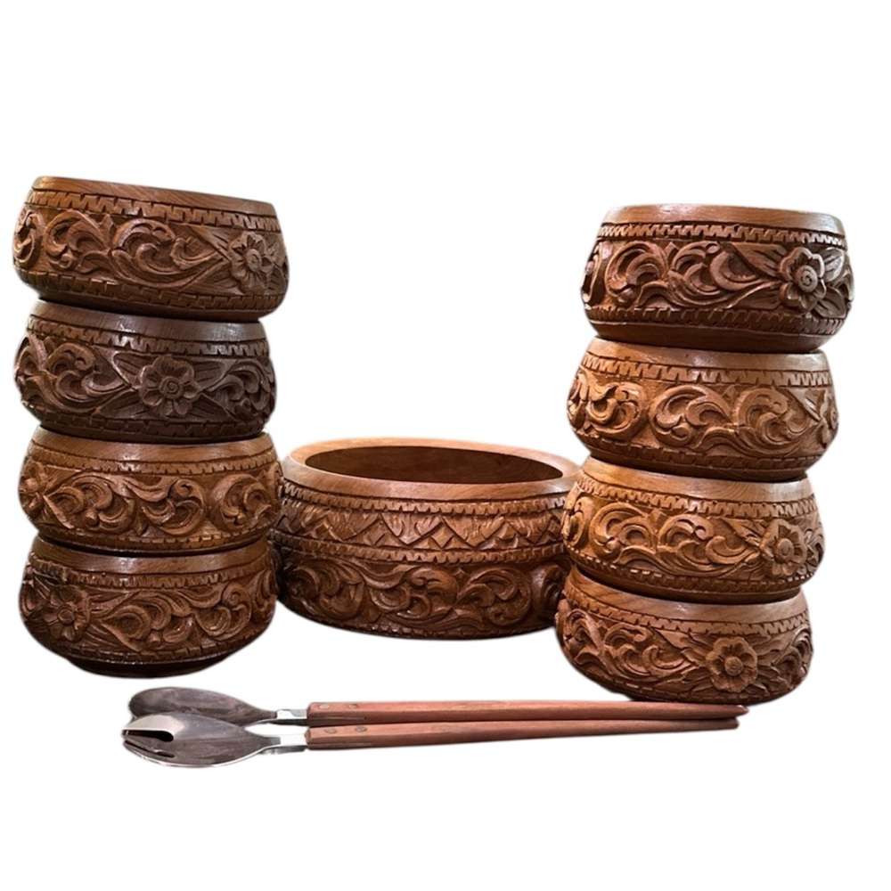 Rare Beautiful Vintage Decorative Hand Carved Large Wood Salad Bowl & 8 Bowl Set